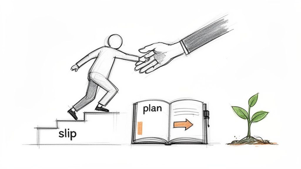 Illustration of a person slipping, receiving help, using a plan, and achieving growth.