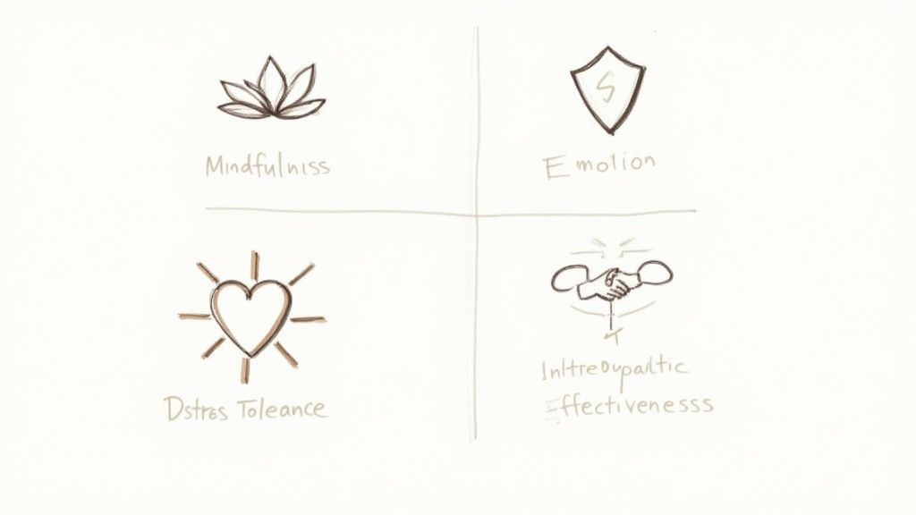 A four-quadrant diagram illustrating core therapeutic skills: Mindfulness, Emotion Regulation, Distress Tolerance, and Interpersonal Effectiveness.