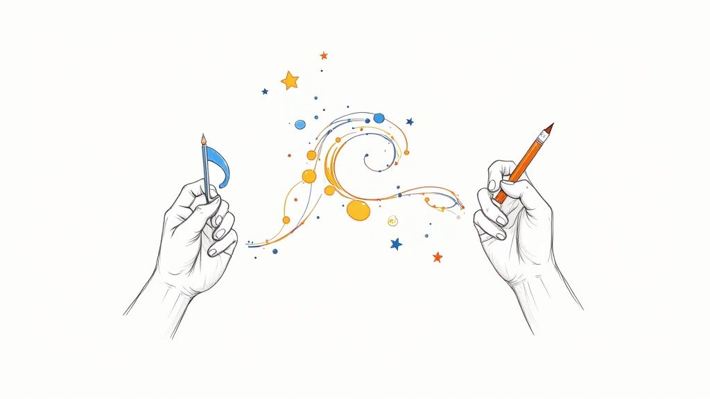 Two hands, one holding a music note pen, the other a pencil, with colorful creative swirls between them.