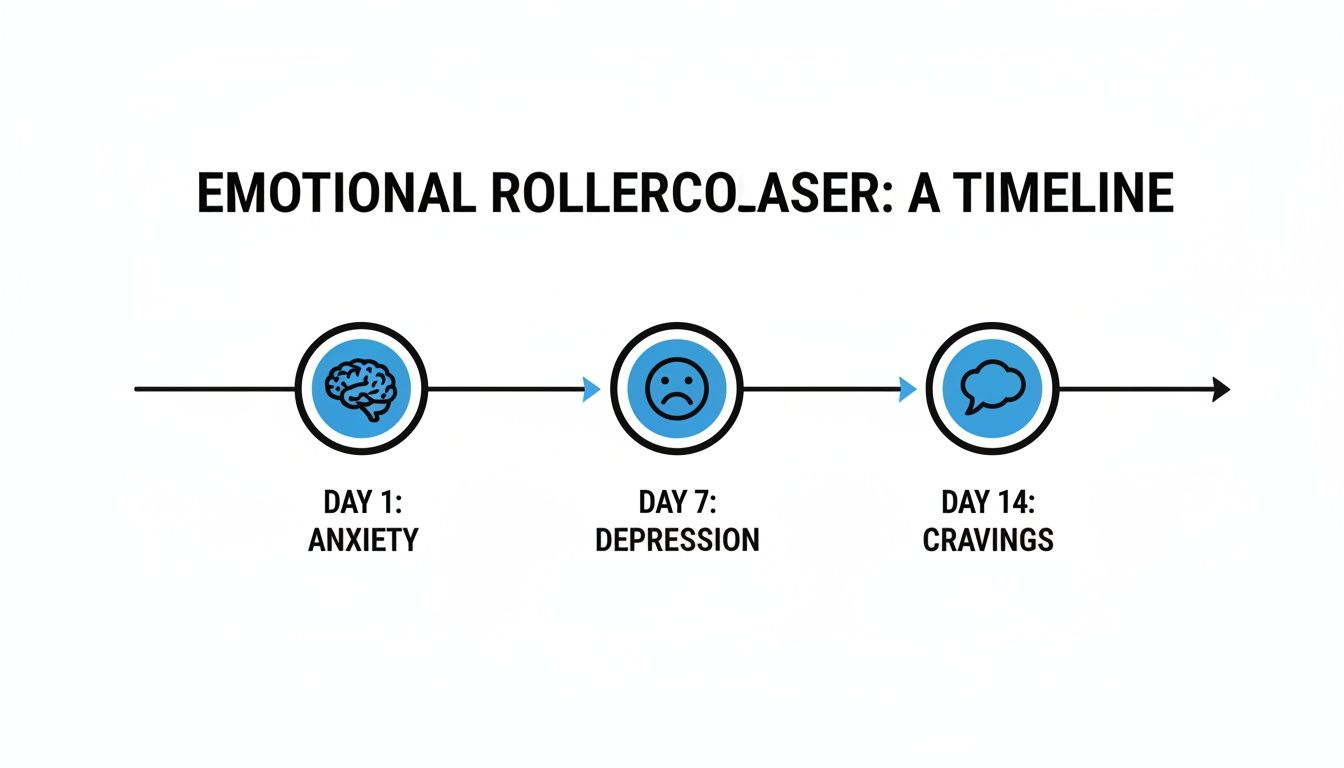 A timeline depicting emotional withdrawal symptoms: Day 1 anxiety, Day 7 depression, and Day 14 cravings.