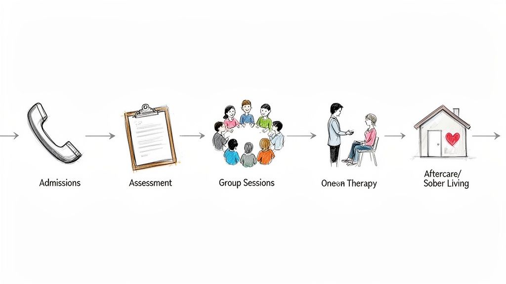 A visual process flow of rehabilitation stages: admissions, assessment, group sessions, one-on-one therapy, and aftercare.