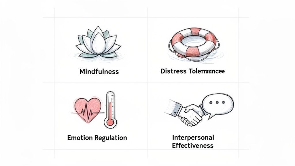 Four illustrations depicting DBT skills: Mindfulness, Distress Tolerance, Emotion Regulation, and Interpersonal Effectiveness.