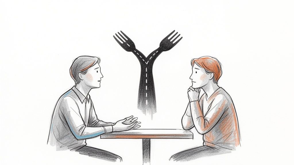 Two men discussing at a table, a road forking into two utensil forks symbolizing a crucial decision.