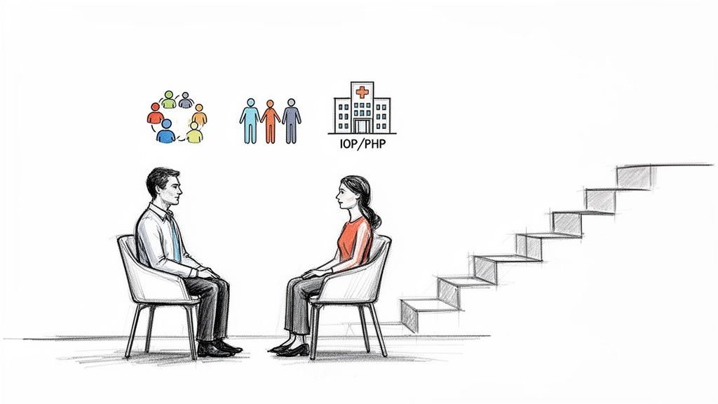An illustration of two people in a consultation, with symbols of community, hospital care (IOP/PHP), and ascending stairs.