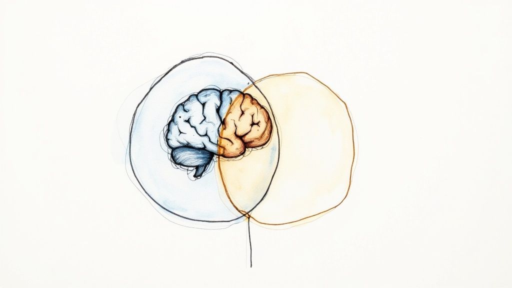 A hand-drawn illustration of a human brain, split into blue and orange halves, within overlapping circles.