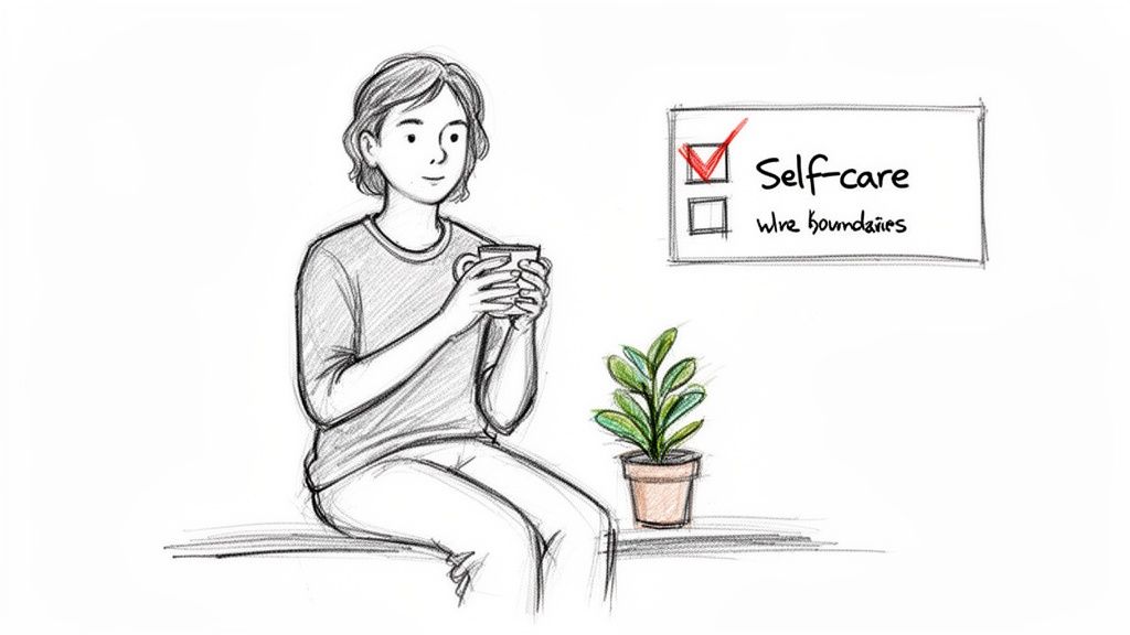 A person practicing self-care, holding a mug with a plant nearby and a self-care checklist.