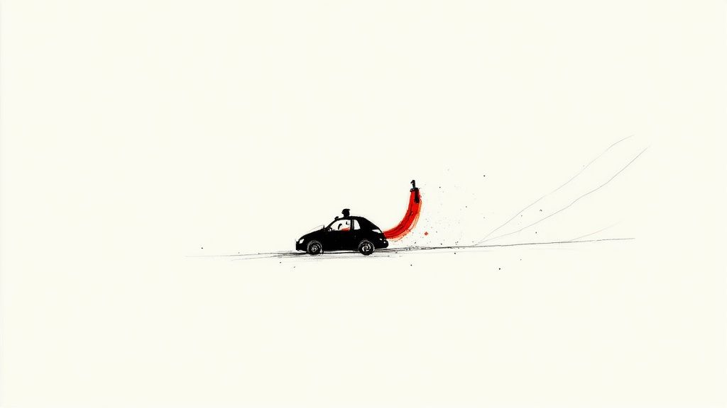 Minimalist illustration of a black car with a vibrant red, upward-curving trail and a small figure.