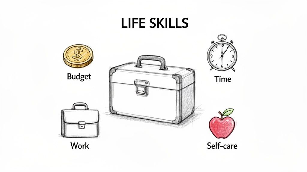 An illustration depicting essential life skills, including budget, time management, work, and self-care.