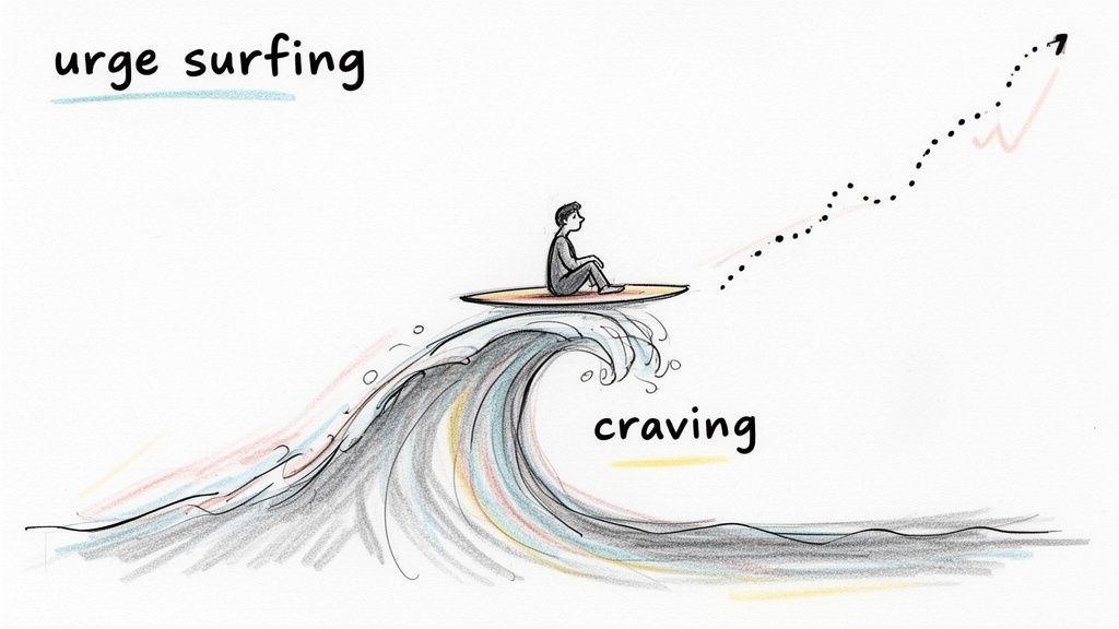A cartoon illustrating 'urge surfing' with a person riding a 'craving' wave, demonstrating how urges pass.