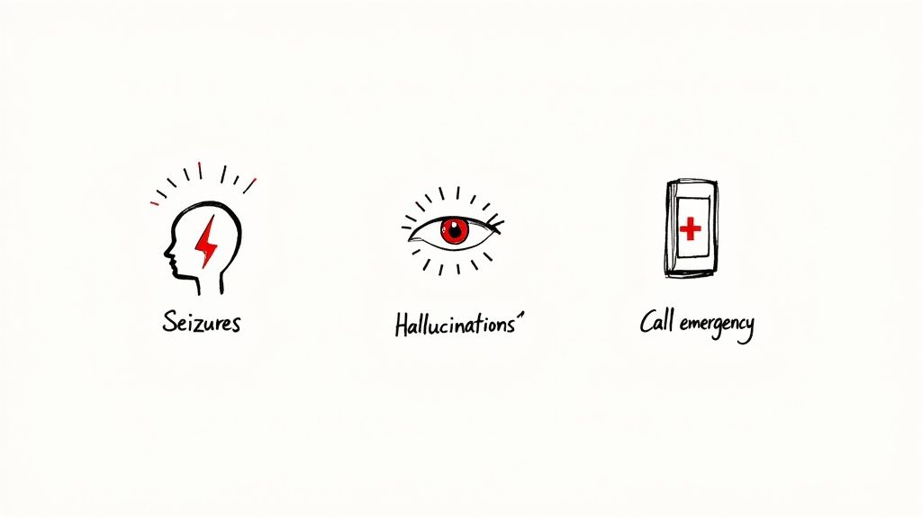 Three icons illustrating medical warning signs and action: a head for seizures, an eye for hallucinations, and a phone for calling emergency.