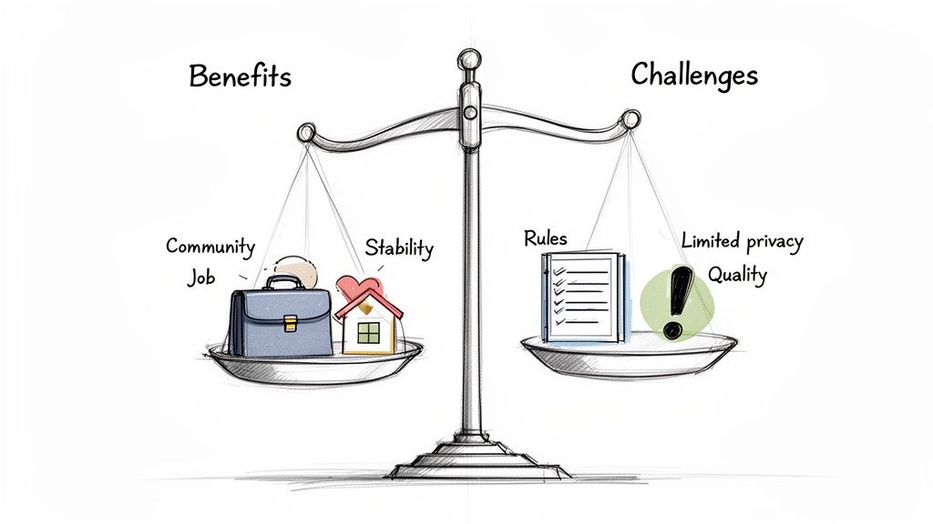 A balance scale shows benefits (community, job, stability) versus challenges (rules, limited privacy, quality).
