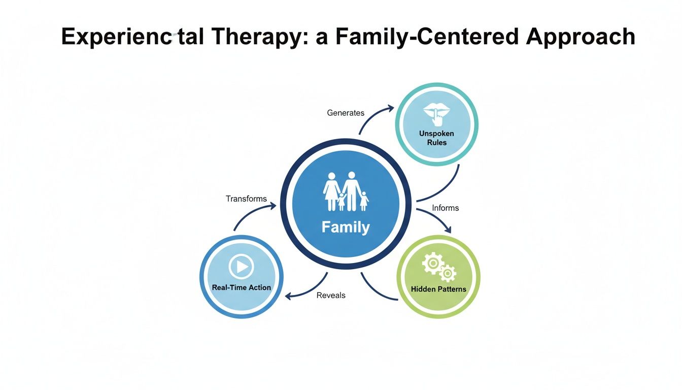 Diagram illustrating the experiential family therapy model, showing the cyclical relationships between family, rules, patterns, and action.