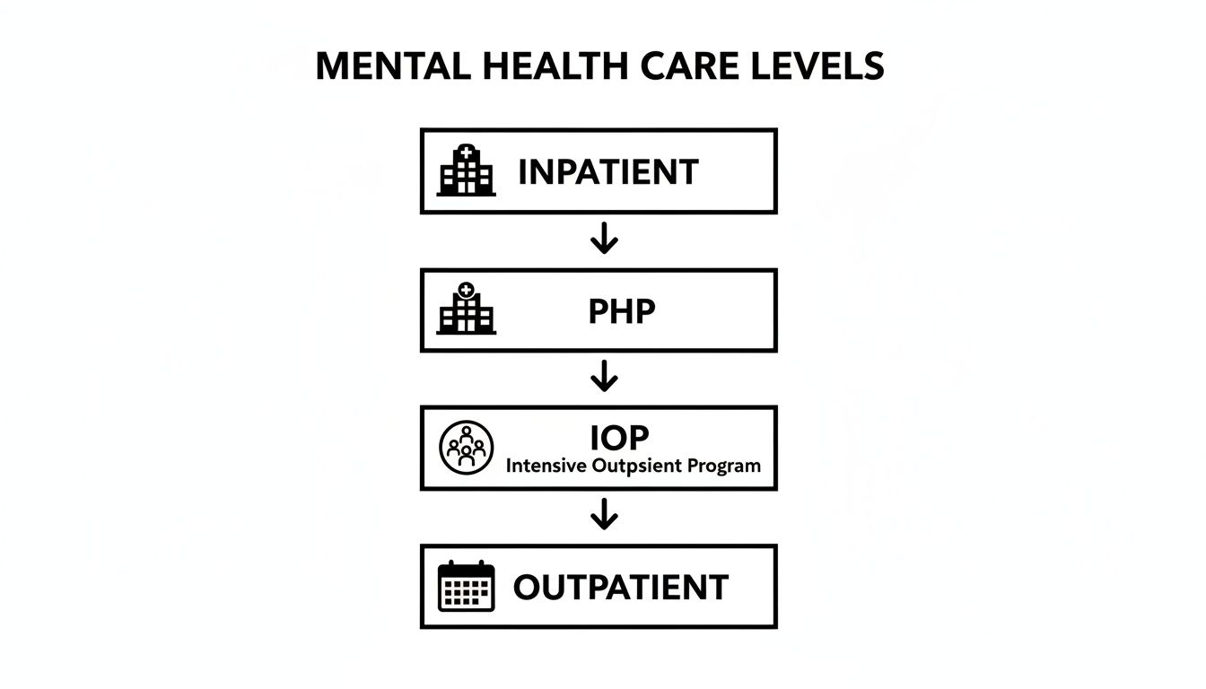 A flow chart showing mental health care levels: Inpatient, PHP, IOP (Intensive Outpatient Program), and Outpatient.