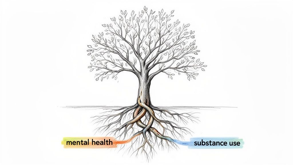 A tree illustrating the intertwined roots of mental health and substance use, highlighting their connection.