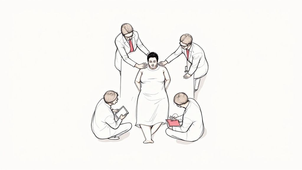 Illustration showing a patient in a gown surrounded by five medical staff during an assessment.