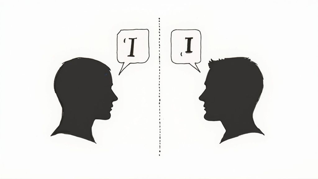 Two people sitting across from each other, engaged in a calm and focused conversation, symbolizing healthy communication.