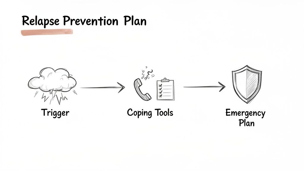 A relapse prevention plan flowchart showing triggers leading to coping tools and an emergency plan.