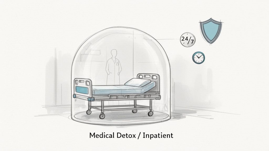 Illustration of a hospital bed in a protective dome with a doctor, symbolizing 24/7 medical detox and inpatient care.