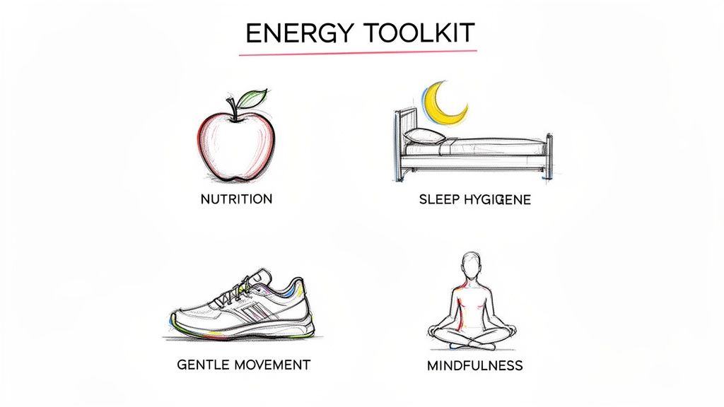 An 'Energy Toolkit' diagram illustrates nutrition, sleep hygiene, gentle movement, and mindfulness for overall well-being.