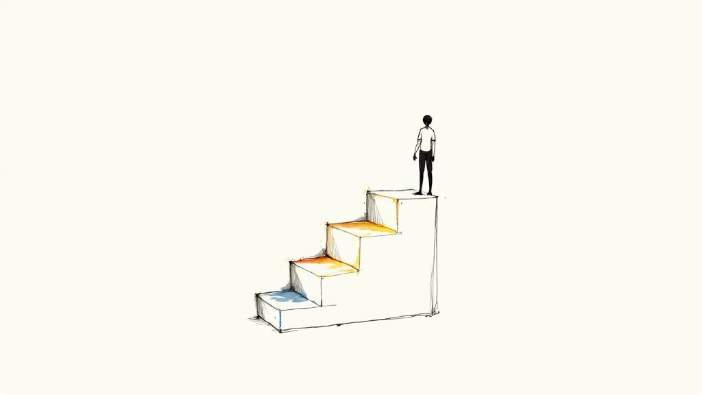 Minimalist illustration of a person standing atop a four-step staircase, symbolizing progress.
