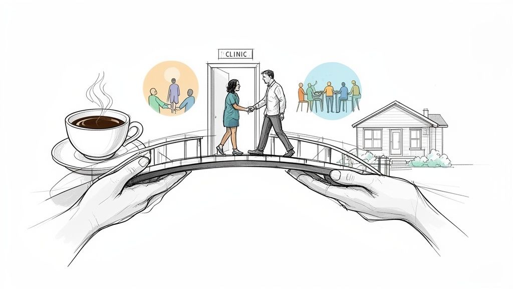 Hands hold a bridge connecting a clinic, patient, and home, symbolizing peer recovery support.