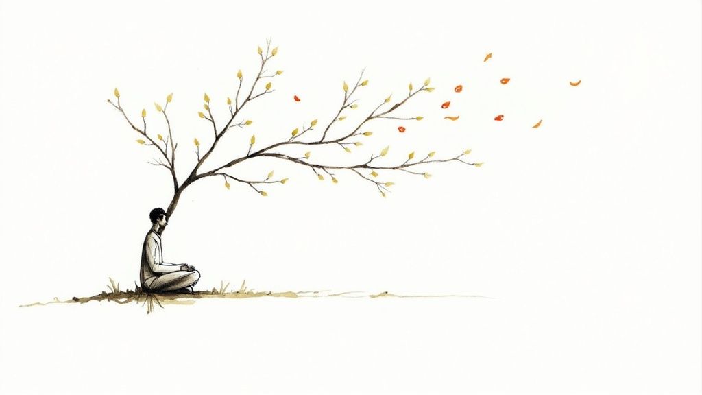 A man sits peacefully under a tree with golden leaves blowing in the wind, evoking tranquility.