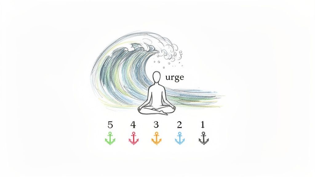 An illustration of a person meditating while a wave of 'urge' approaches, with five anchors for support.