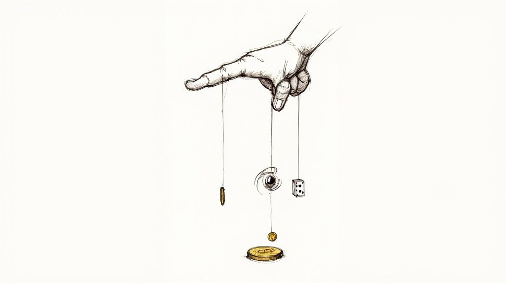 A sketch of a hand controlling coins, an eye, and a die with strings, depicting manipulation or fate.