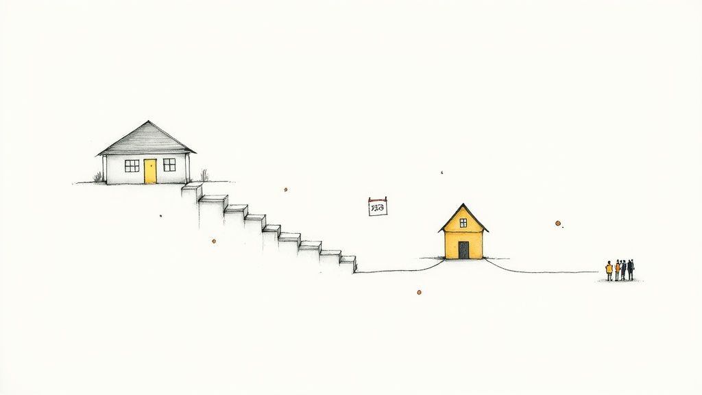A minimalist drawing shows a white house on a hill, stairs leading down, a yellow house, a 'YES' sign, and a group of people.