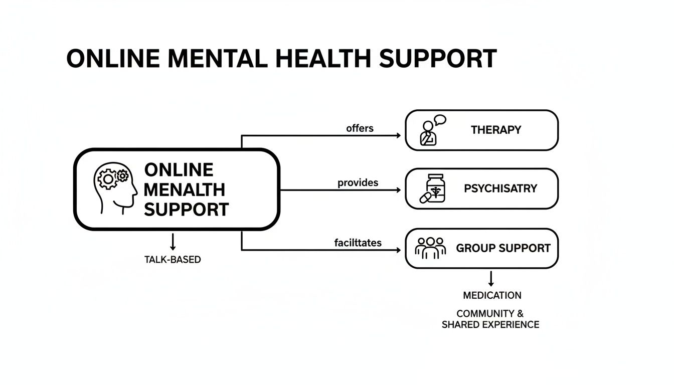 A diagram illustrating online mental health support, offering talk-based therapy, psychiatry, and group support services.