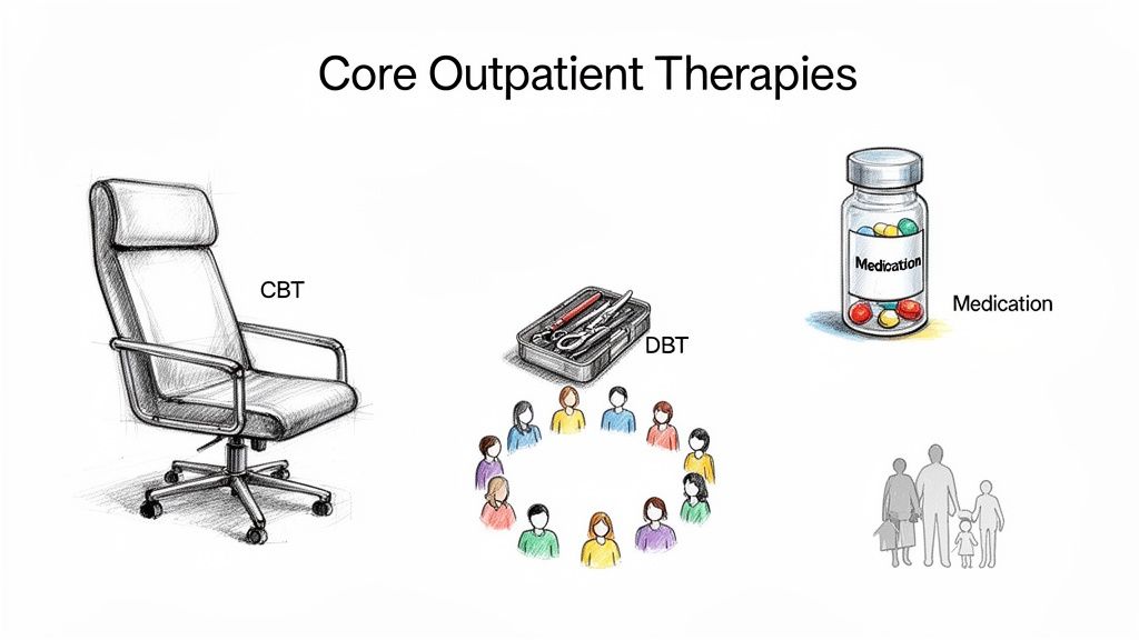 Illustrations representing core outpatient therapies: CBT chair, DBT group and tools, medication bottle, and family.