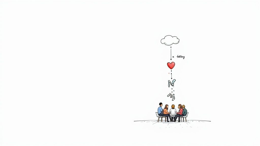 Illustration showing a cloud, heart, and abstract shapes flowing down to a group of people discussing.