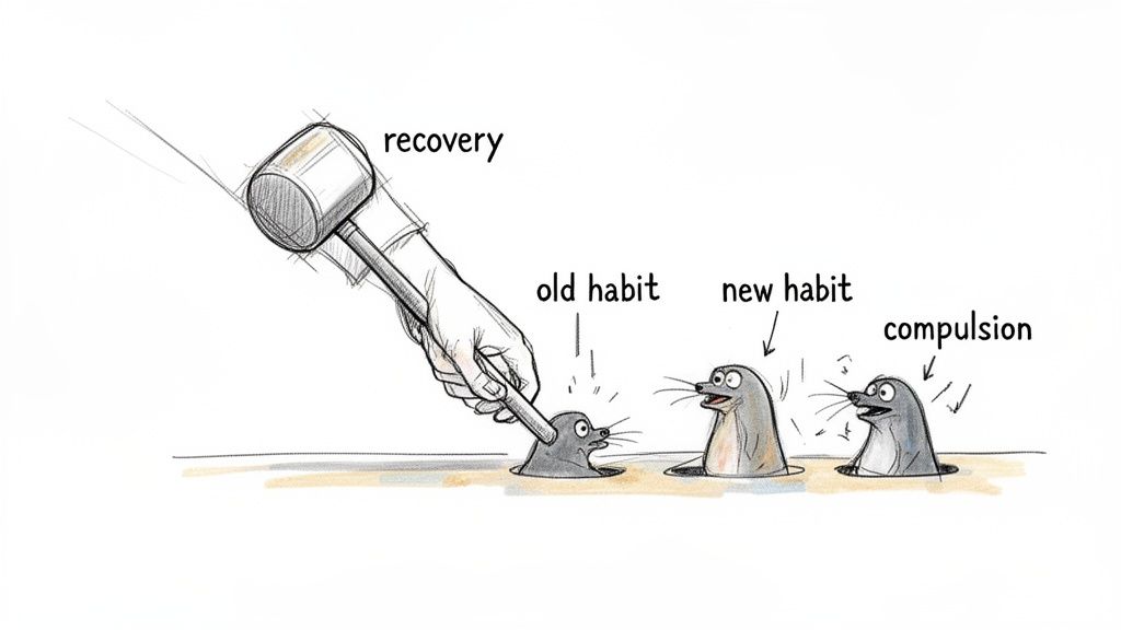 A 'recovery' mallet hits an 'old habit' mole as 'new habit' and 'compulsion' moles appear.
