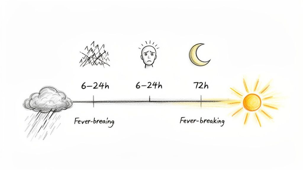 A hand-drawn timeline illustrates the stages of fever and recovery, from initial symptoms to resolution.