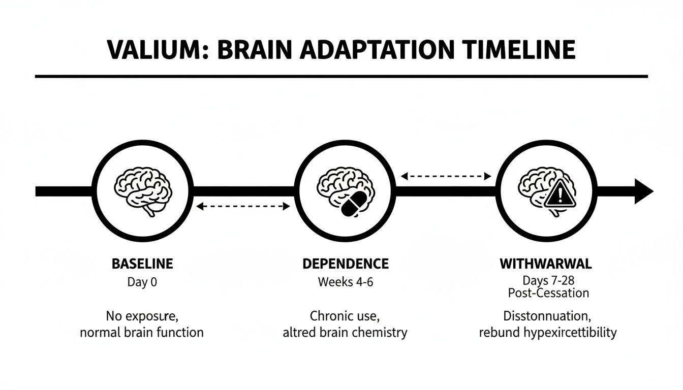 Infographic details Valium brain adaptation timeline: baseline, dependence (weeks 4-6), and withdrawal (days 7-28).