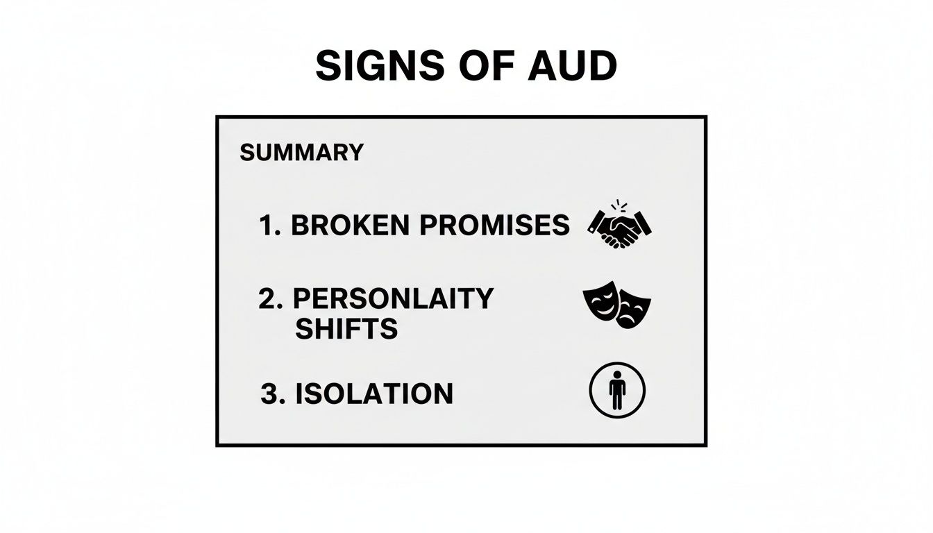 A list titled 'Signs of AUD' with three summary points: broken promises, personality shifts, and isolation, each with a corresponding icon.