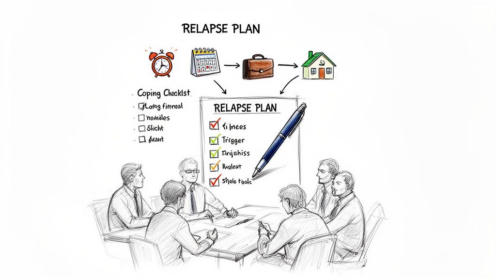 A hand-drawn illustration showing a relapse plan checklist being reviewed by a group of men.