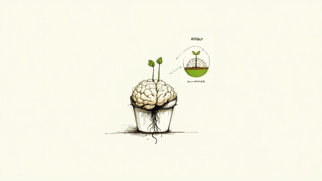 A detailed sketch of a human brain in a pot with roots and green sprouts, symbolizing growth.
