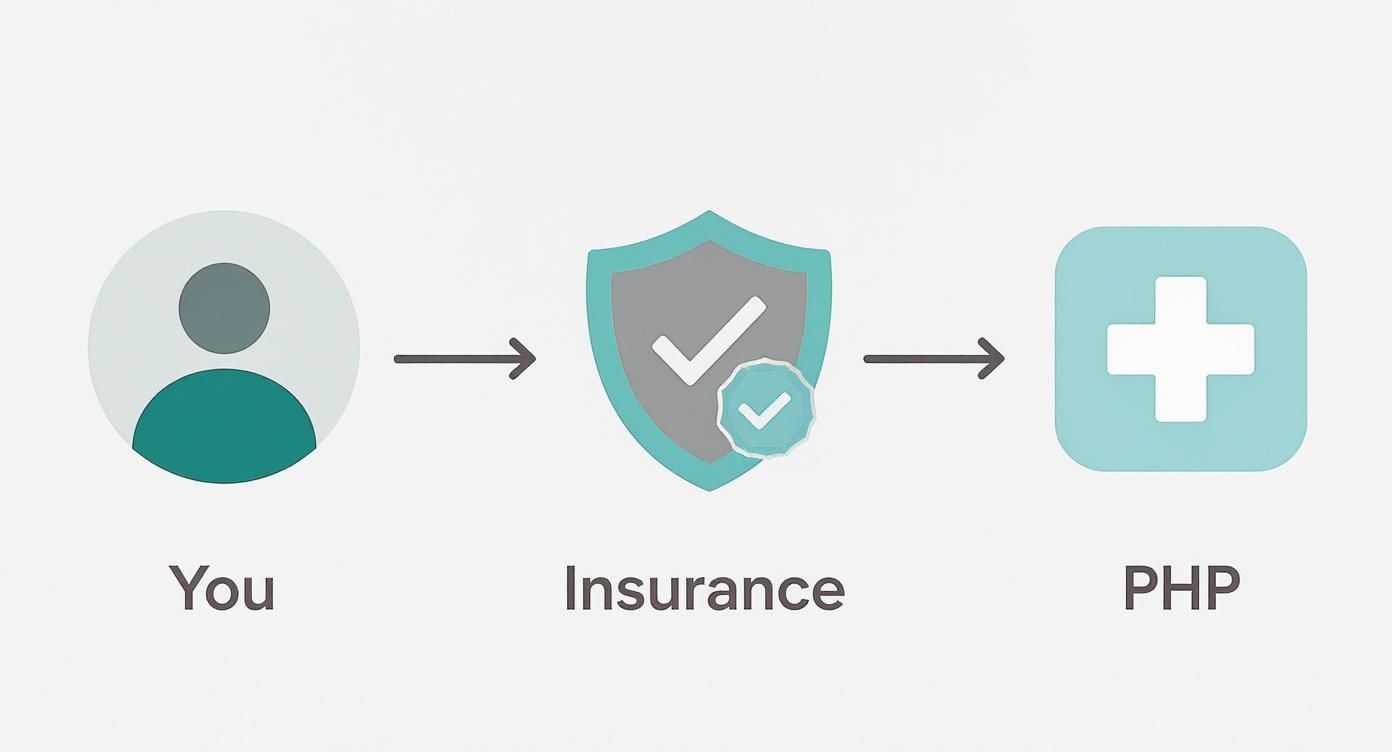 A diagram illustrates a person (You) linked to Insurance (shield with checkmarks), then to PHP (medical cross icon).