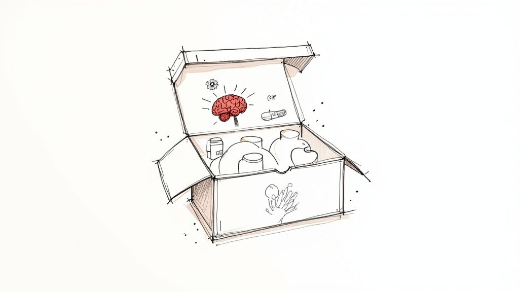 Open box containing brain illustration, medicine bottles, and pills representing withdrawal syndrome treatment concept