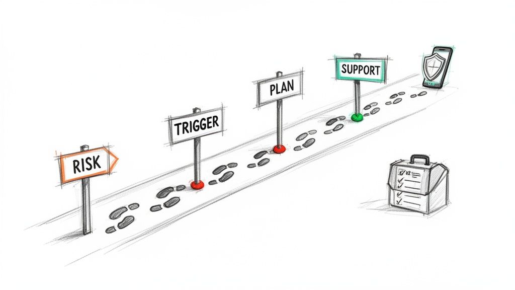 A sketched path illustrating a journey with signposts 'Risk', 'Trigger', 'Plan', 'Support', leading to a secure phone, with footprints and a toolbox.