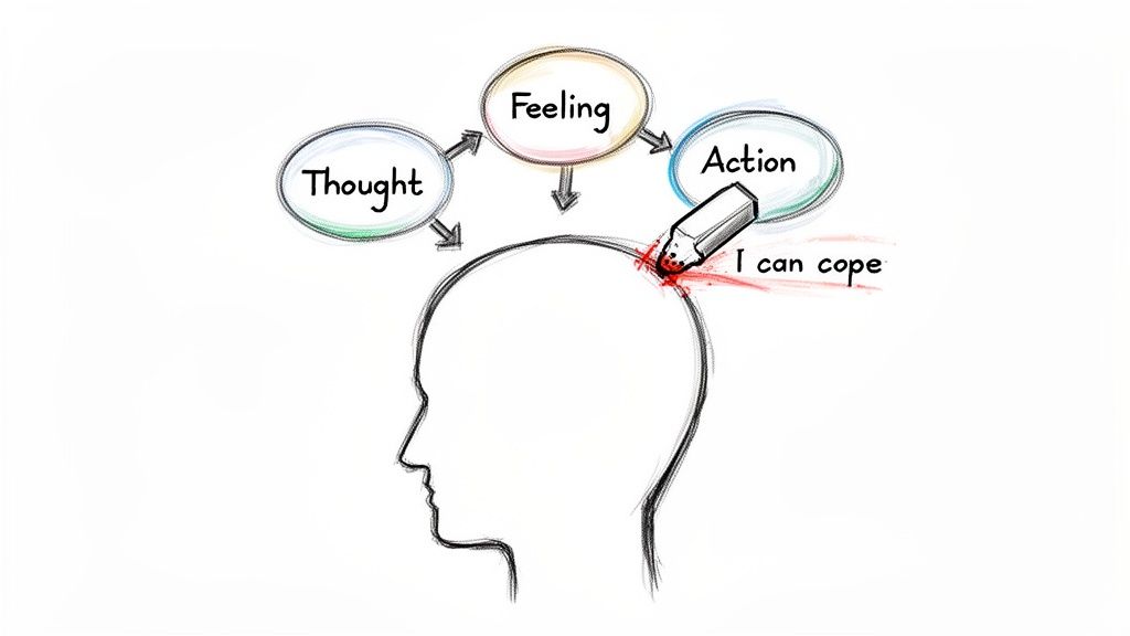 Cognitive diagram showing thought, feeling, and action, with an eraser removing 'I can cope' from a head.