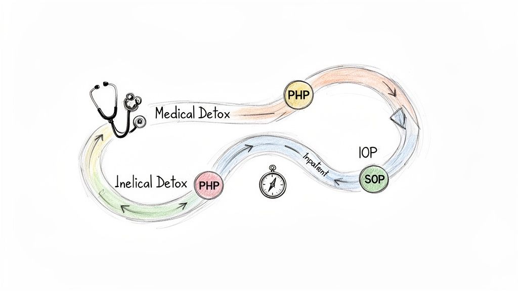 Hand-drawn infinity loop diagram illustrating medical detox, PHP, inpatient, IOP, and SOP treatment levels.