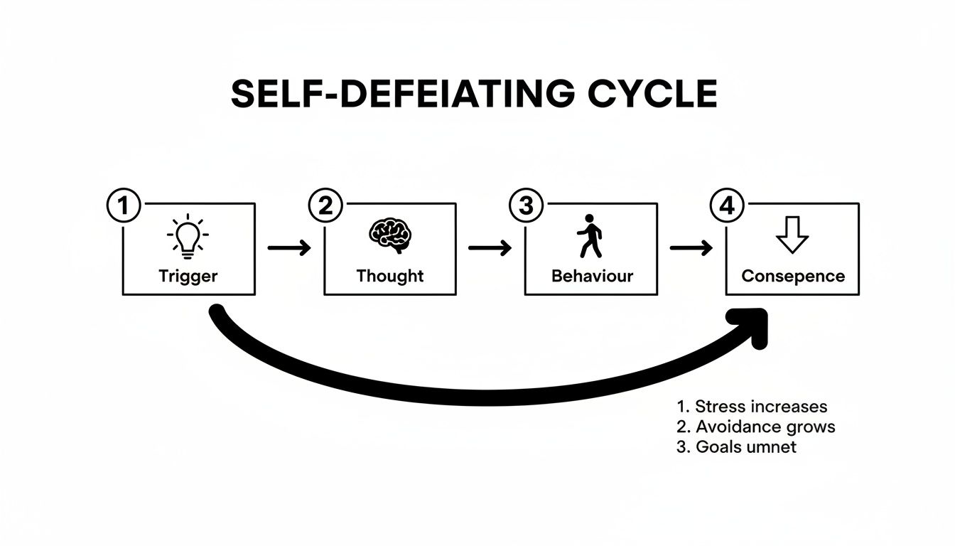 Diagram outlining a self-defeating cycle: Trigger, Thought, Behaviour, and Consequence leading to more stress.