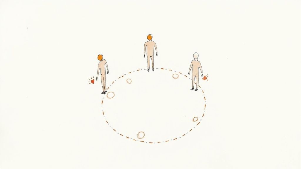 Three minimalist figures standing in a broken circle, two offering glowing red hearts.