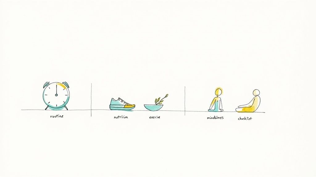 A minimalist drawing illustrating daily wellness habits, including routine, nutrition, exercise, mindfulness, and checklists.