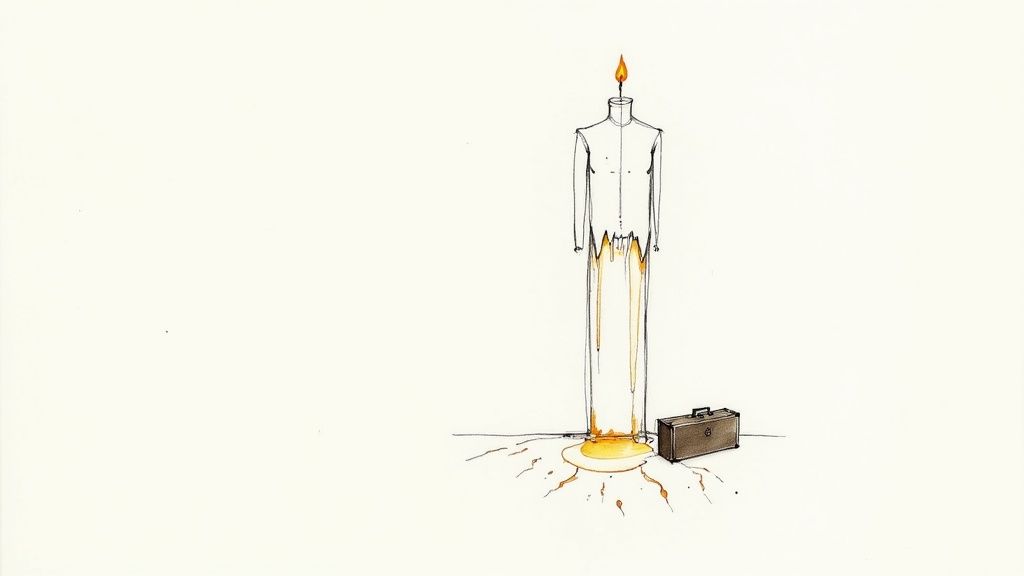 A melting human-shaped candle with a flame for a head, next to a briefcase, symbolizing work burnout.