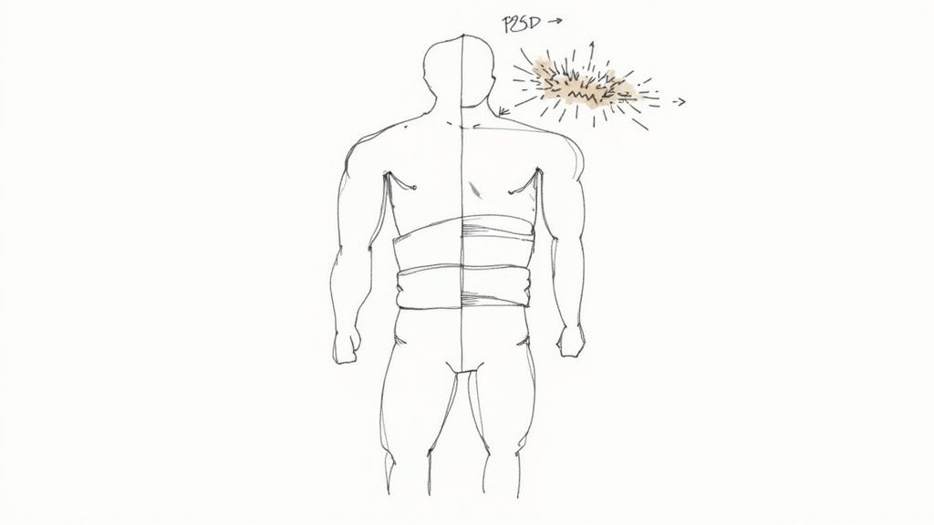 A line drawing of a human torso, with 'PTSD' and an impact effect on the right shoulder.