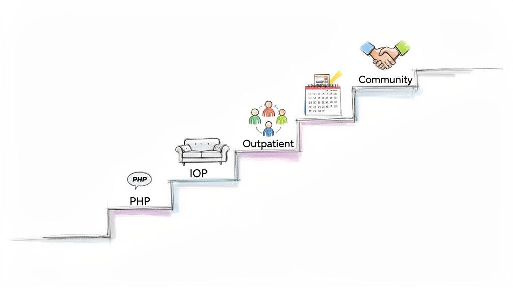 A staircase diagram illustrating a progressive continuum of mental health care, from PHP to community.