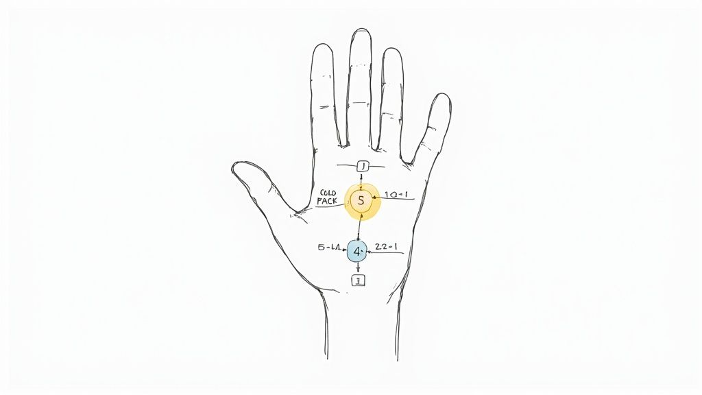 Acupressure points diagram showing locations on palm for emotional regulation and stress relief
